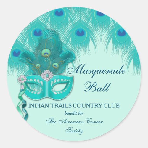 Peacock Masquerade Party Ball Turquoise Feathers Classic Round Sticker