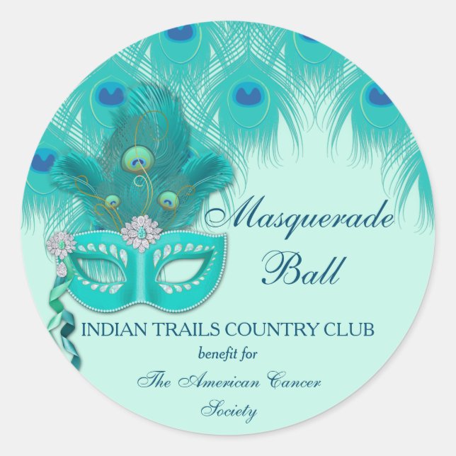 Peacock Masquerade Party Ball Turquoise Feathers Classic Round Sticker (Front)