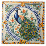 Peacock Mediterranean Yellow & Blue Folk Floral Ceramic Tile<br><div class="desc">summery sicilian ceramic tile, italian hand painted pattern, mediterranean peacock portuguese design, cute blue orange circle, summer bird flowers floral, bold indian asian portugal, authentic classic traditional painting, vintage botanical antique rustic, folk art spanish mexican talavera, cream green sunny yellow flower</div>