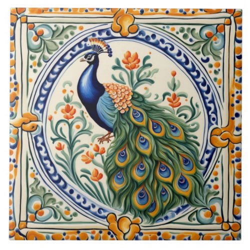 Peacock Mediterranean Yellow  Blue Folk Floral Ceramic Tile