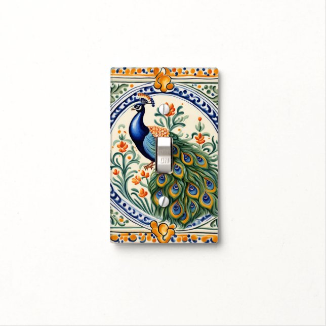 Peacock Mediterranean Yellow & Blue Folk Floral Light Switch Cover (In Situ)