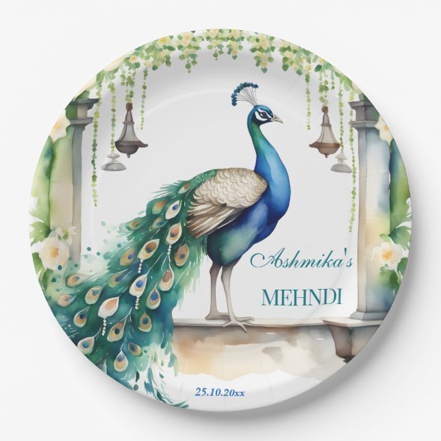Peacock Mehndi  jasmine Indian wedding tableware Paper Plates (Front)