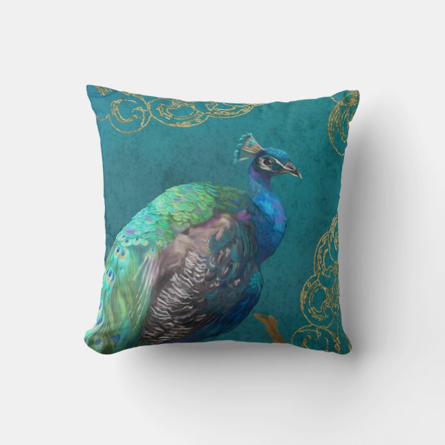 Peacock Modern Elegant Blue Painted w Gold Glitter Throw Pillow (Front)