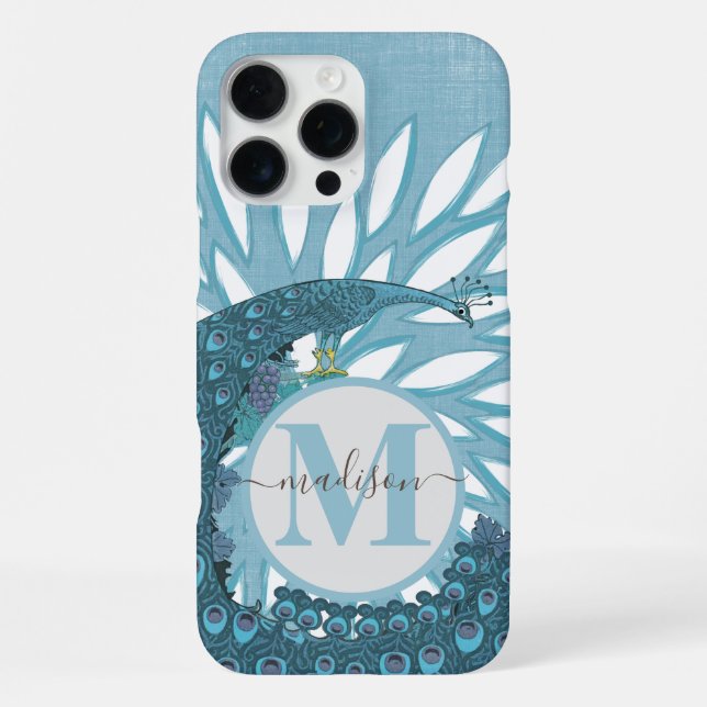 Peacock Monogram Modern Flower Teal  Iphone Case (Back)