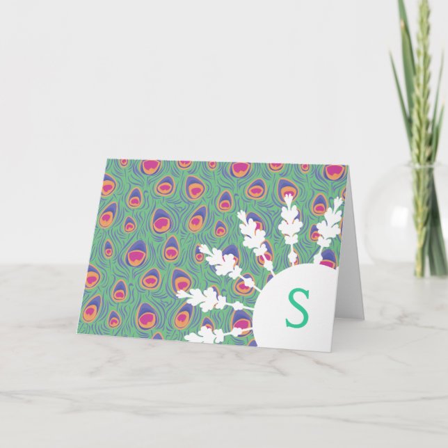 Peacock monogram or thank you stationery card (Front)