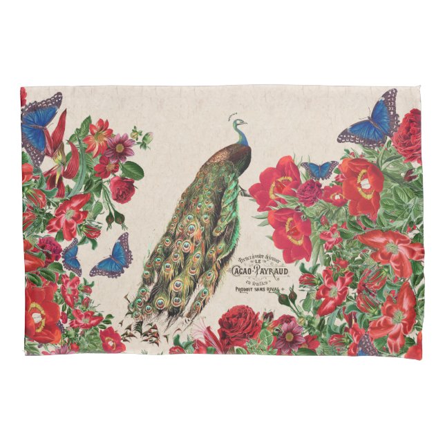Peacock Morpho Butterfly Rose Flowers Pillowcase (Front)