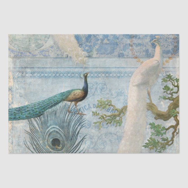 Peacock n Feathers Blue and White Craft Decoupage Tissue Paper (Front)
