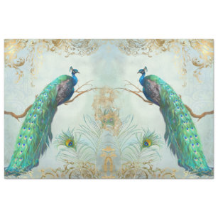Peacock n Feathers Pair Blue Gold Decoupage Tissue Paper