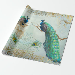 Peacock n Feathers Pair Blue Gold Decoupage Wrapping Paper