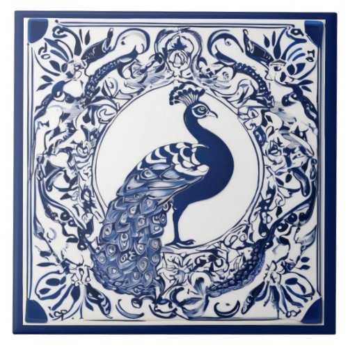 Peacock Navy Dark Blue and White Folk Animal Art Ceramic Tile