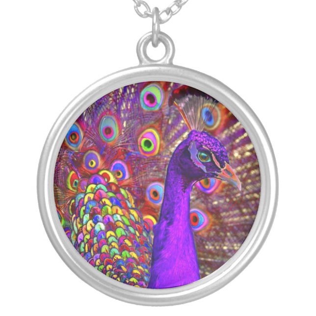 Peacock Of A Million Colors Silver Plated Necklace (Front)