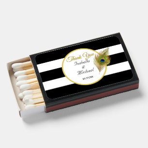 Peacock on Black & White Stripes Wedding Matchboxes