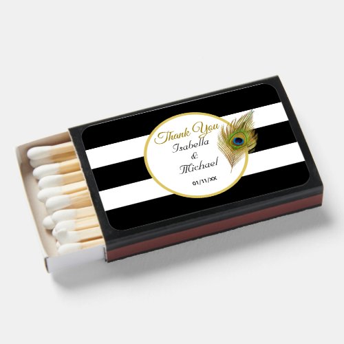 Peacock on Black  White Stripes Wedding Matchboxes