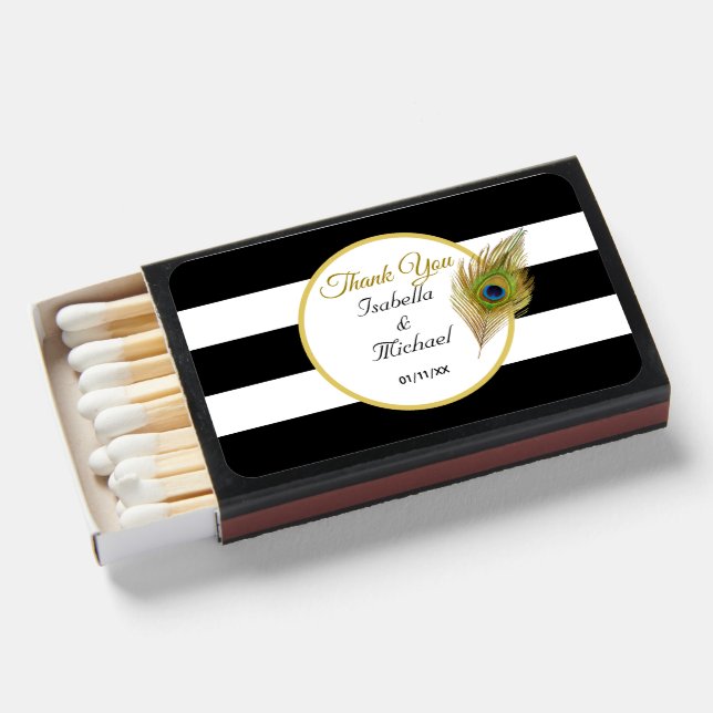 Peacock on Black & White Stripes Wedding Matchboxes (Front Open)