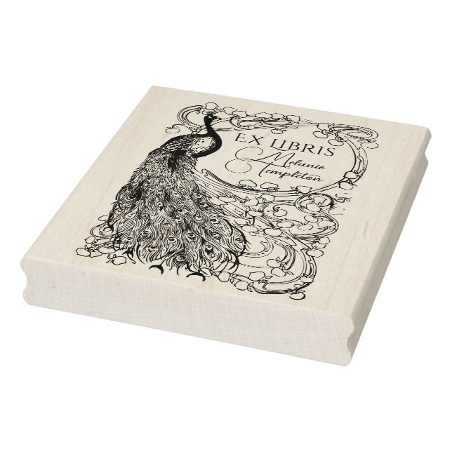 Peacock on Flower Covered Branch Ex Libris Rubber Stamp (Stamp)
