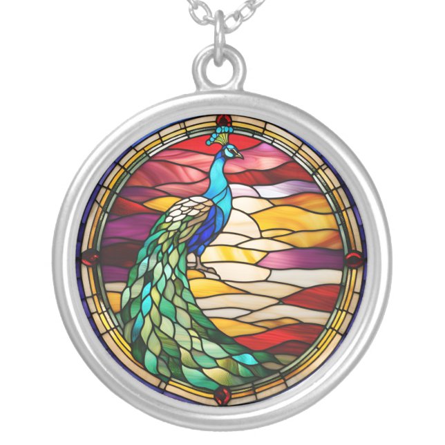 Peacock on Pink Silver Plated Necklace (Front)