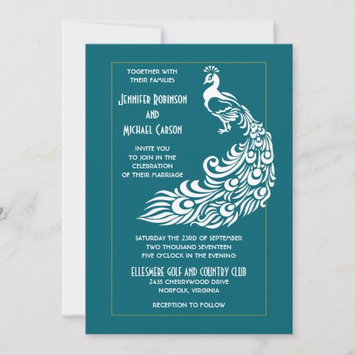 Peacock on Teal Bold Stylish Art Deco Design Invitation