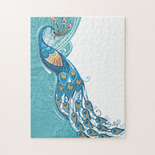 Peacock on Teal Illustration Jigsaw Puzzle