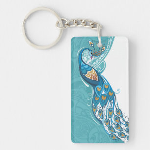 Peacock on Teal Illustration Keychain