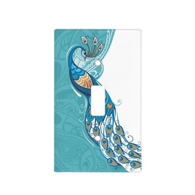 Peacock on Teal Illustration Light Switch Cover (Front)