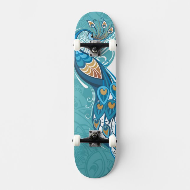 Peacock on Teal Illustration Skateboard (Front)