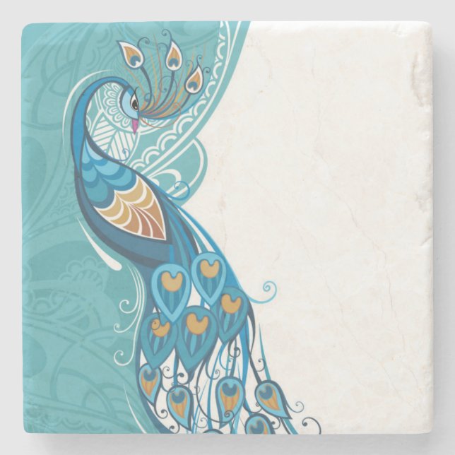 Peacock on Teal Illustration Stone Coaster (Front)