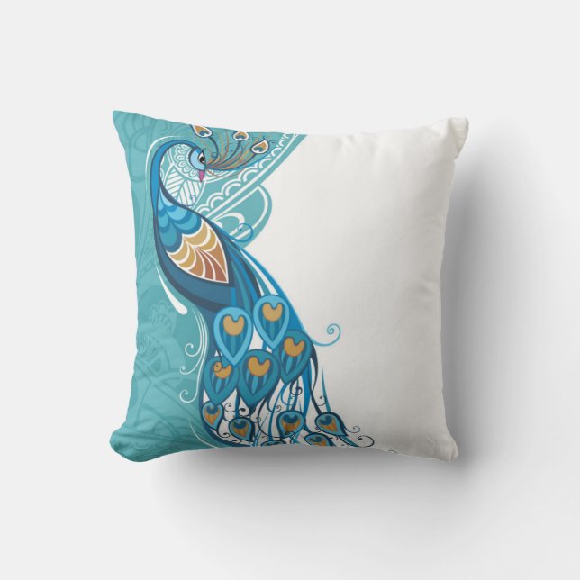Peacock on Teal Illustration Throw Pillow (Front)