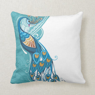 Peacock on Teal Illustration Throw Pillow