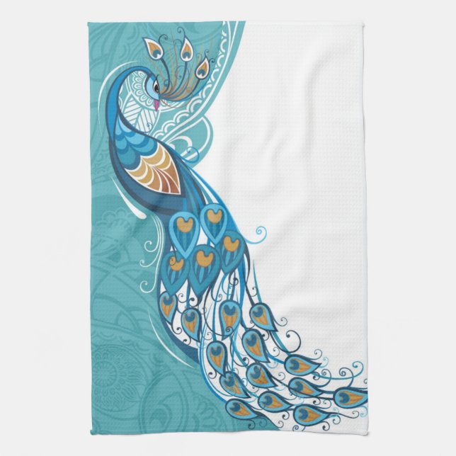 Peacock on Teal Illustration Towel (Vertical)