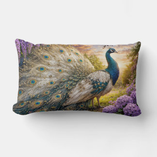 Peacock on the mountain at dawn lumbar pillow