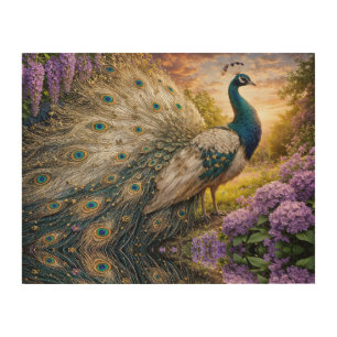 Peacock on the mountain at dawn wood wall art