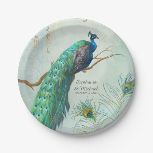 Peacock on Tree Branch Elegant Gold Leaf Look Paper Plates