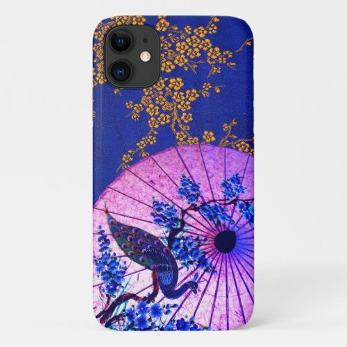 Peacock oriental parasol cherry blossom blue pink  iPhone 11 case