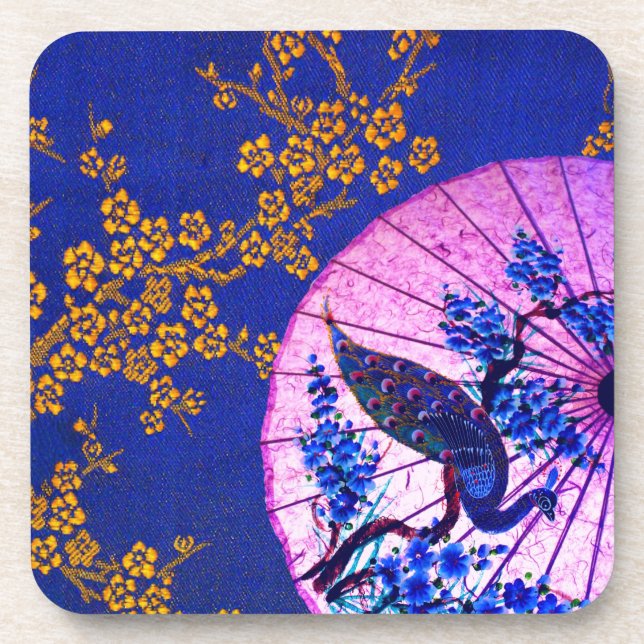 Peacock oriental parasol japanese blossoms blue beverage coaster (Front)