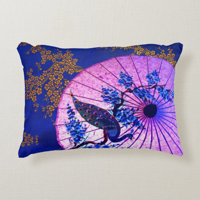 Peacock oriental parasol japanese cherry blossoms accent pillow (Front)