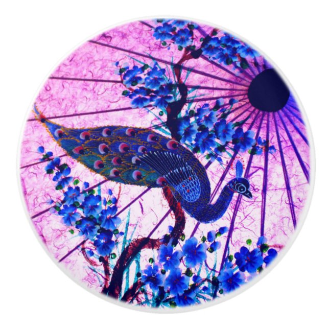 Peacock oriental parasol japanese cherry blossoms ceramic knob (Front)