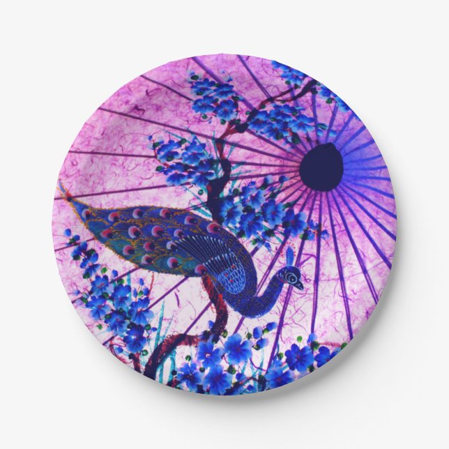Peacock oriental parasol japanese cherry blossoms paper plates (Front)