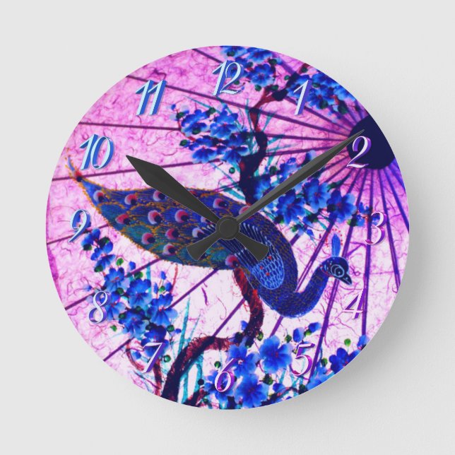 Peacock oriental parasol japanese cherry blossoms round clock (Front)