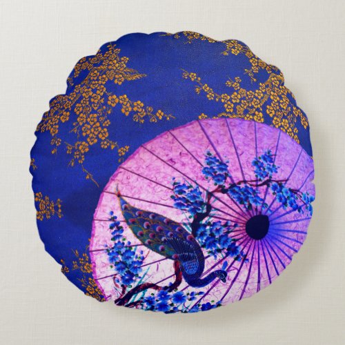 Peacock oriental parasol japanese cherry blossoms round pillow