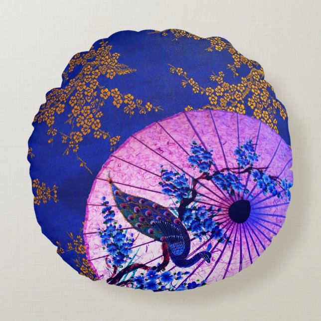 Peacock oriental parasol japanese cherry blossoms round pillow (Front)