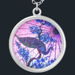 Peacock oriental parasol japanese floral blue pink silver plated necklace<br><div class="desc">An illuminated oriental parasol embellished with a blue peacock and flowers. Done in colors of pink,  purple and blue.</div>