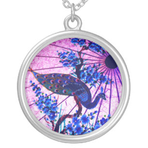 Peacock oriental parasol japanese floral blue pink silver plated necklace