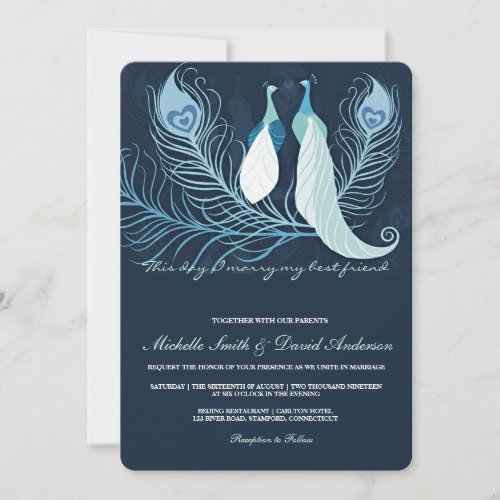 Peacock Pair Love Birds Blue Wedding Invite