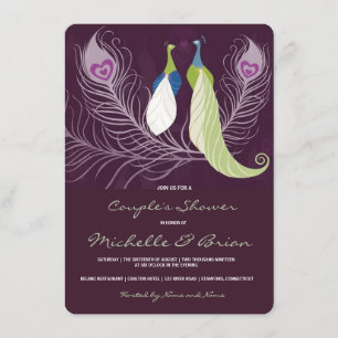 Peacock Pair Love Birds Purple Wedding Shower Invitation