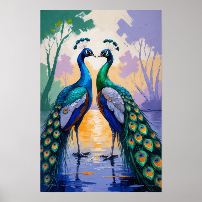 Peacock Pair Reflection in Water Elegant Bird Art Poster (Front)
