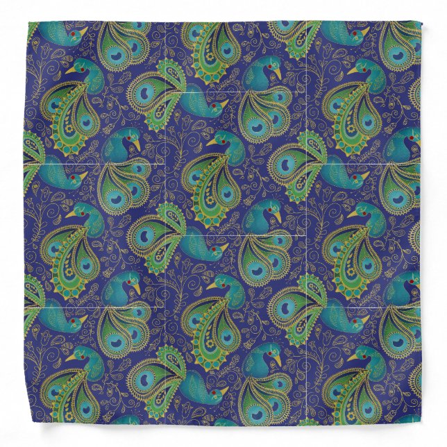 Peacock Paisley Pattern Blue Bandana (Front)