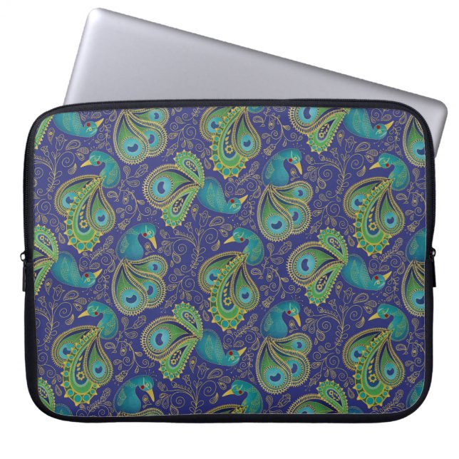 Peacock Paisley Pattern Blue Laptop Sleeve (Front)