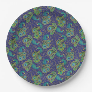 Peacock Paisley Pattern Blue Paper Plates