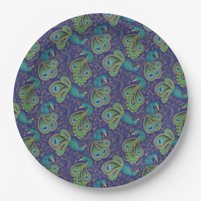 Peacock Paisley Pattern Blue Paper Plates (Front)