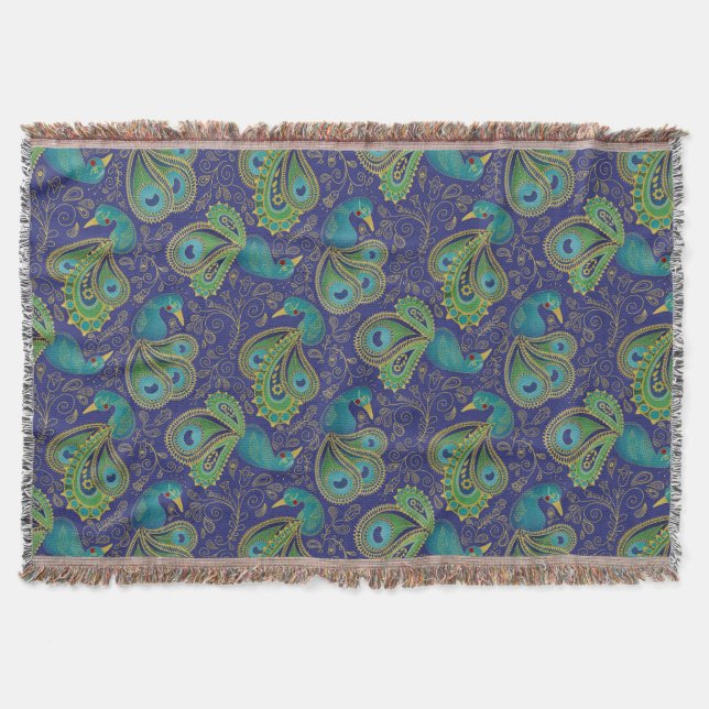 Peacock Paisley Pattern Blue Throw Blanket (Front)
